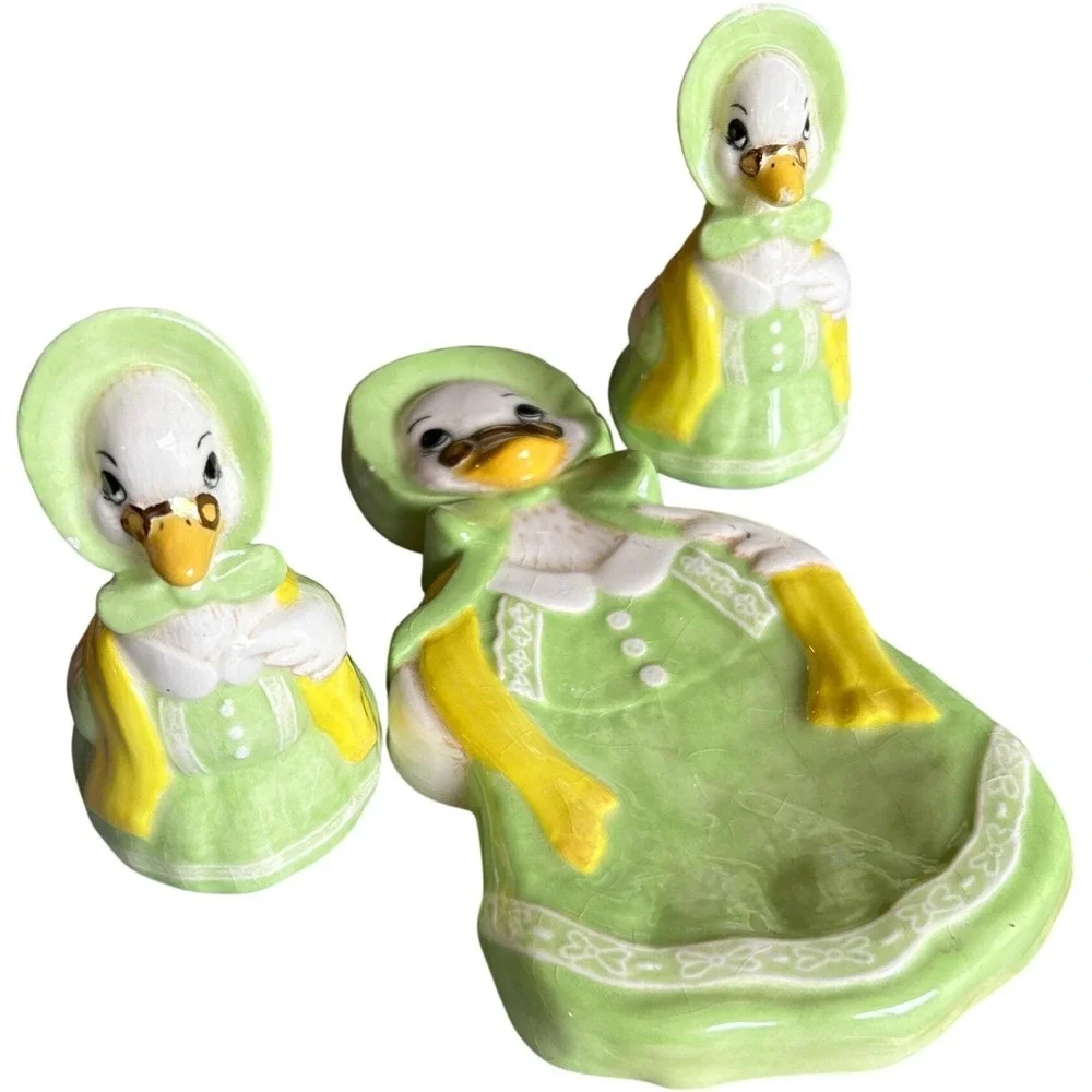 Vintage‎ Scioto Ceramic Duck Goose Spoon Rest Salt Pepper Shakers Hand Painted
